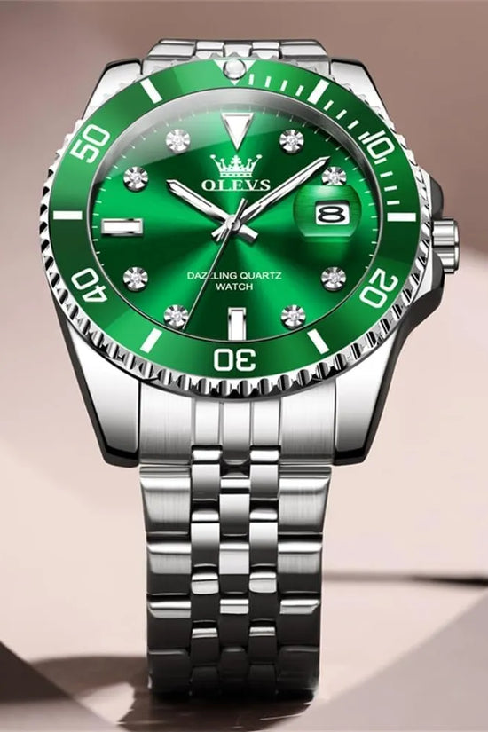 OLEVS Reloj Verde para Hombre, Lujo Plateado, Acero Inoxidable