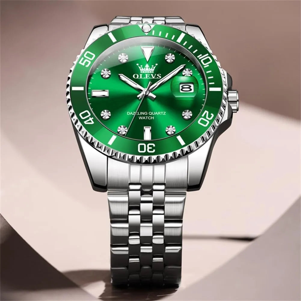 OLEVS Reloj Verde para Hombre, Lujo Plateado, Acero Inoxidable