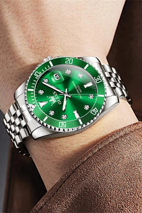 OLEVS Reloj Verde para Hombre, Lujo Plateado, Acero Inoxidable
