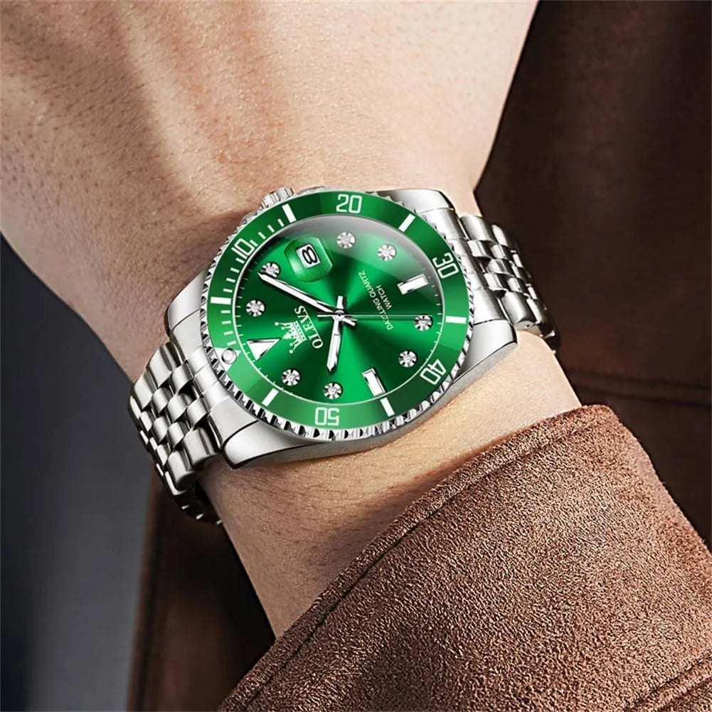 OLEVS Reloj Verde para Hombre, Lujo Plateado, Acero Inoxidable