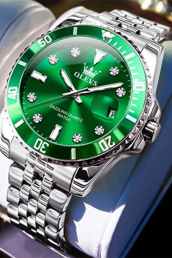OLEVS Reloj Verde para Hombre, Lujo Plateado, Acero Inoxidable