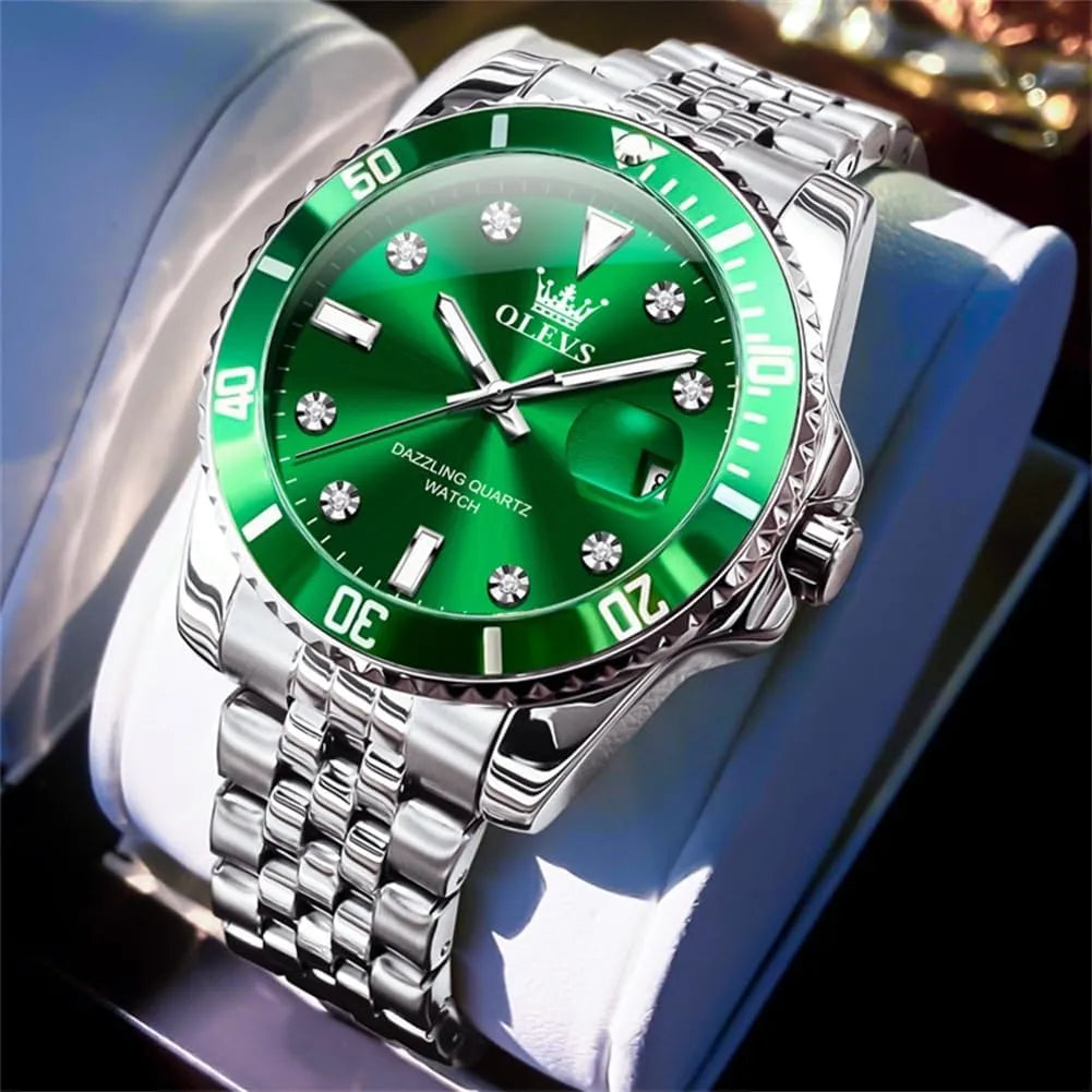 OLEVS Reloj Verde para Hombre, Lujo Plateado, Acero Inoxidable