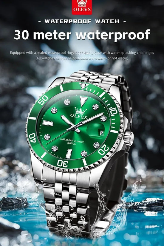 OLEVS Reloj Verde para Hombre, Lujo Plateado, Acero Inoxidable