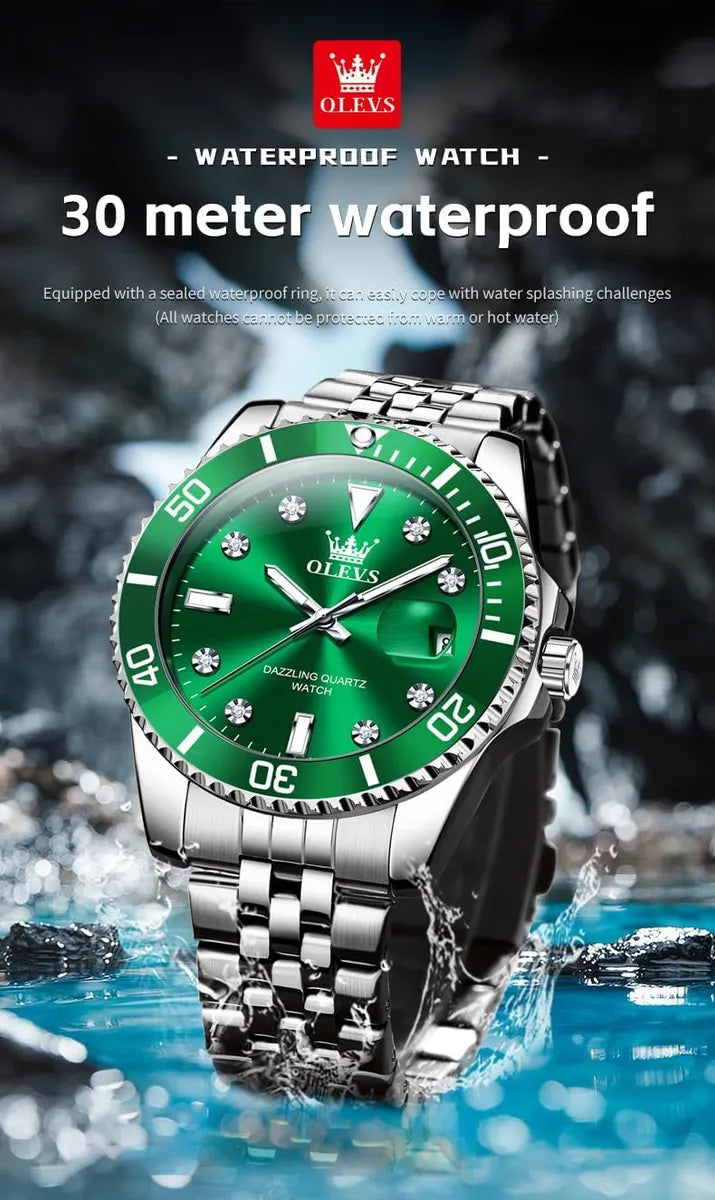 OLEVS Reloj Verde para Hombre, Lujo Plateado, Acero Inoxidable