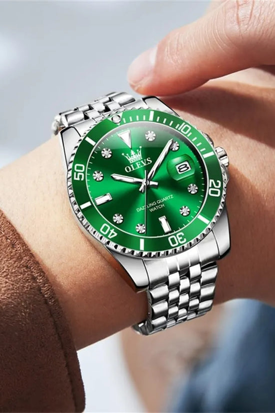 OLEVS Reloj Verde para Hombre, Lujo Plateado, Acero Inoxidable
