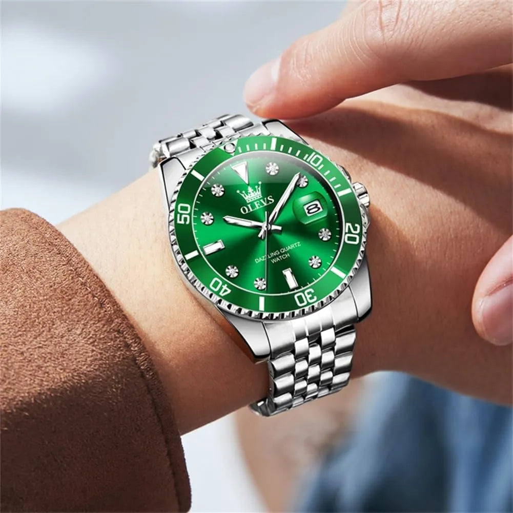 OLEVS Reloj Verde para Hombre, Lujo Plateado, Acero Inoxidable