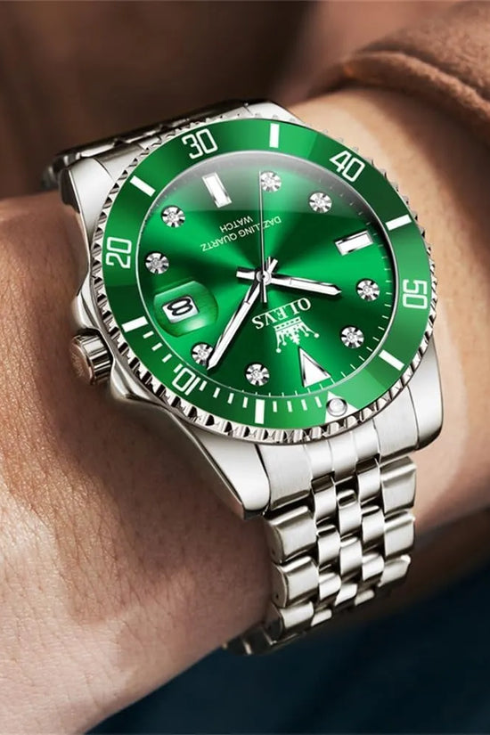 OLEVS Reloj Verde para Hombre, Lujo Plateado, Acero Inoxidable