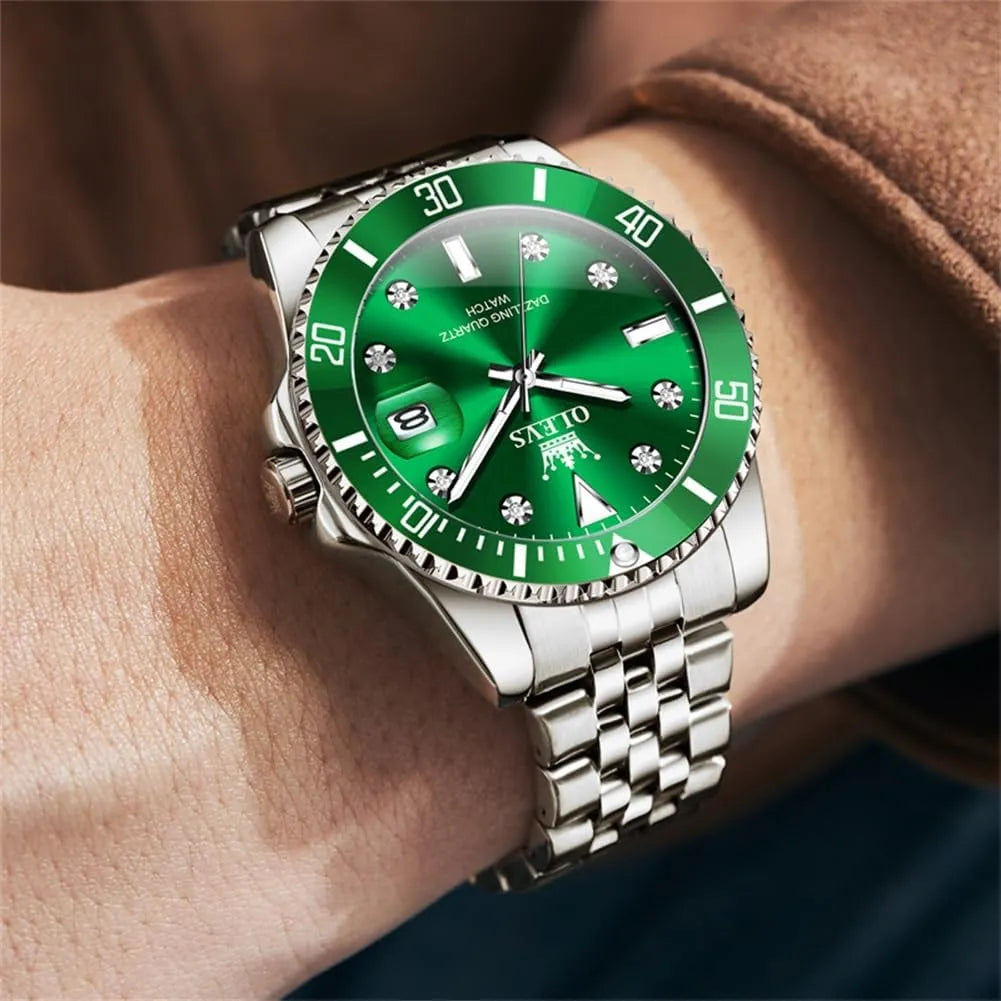 OLEVS Reloj Verde para Hombre, Lujo Plateado, Acero Inoxidable