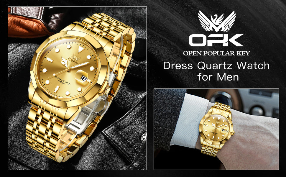 Reloj de vestir OPK para hombre, dorado, de negocios, analógico