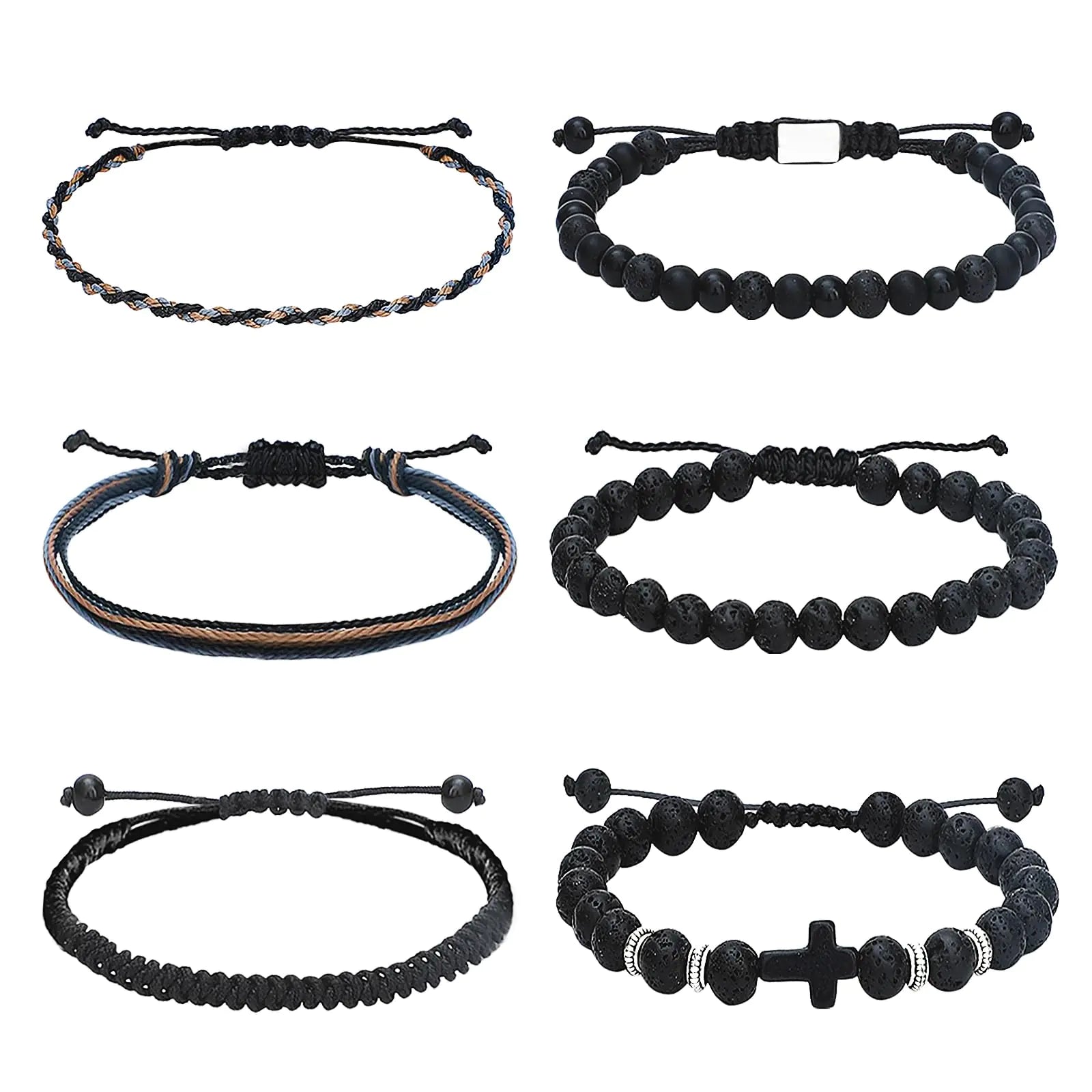 NEWITIN Set de 6 Pulseras Trenzadas de Obsidiana, Ónix Negro Mate