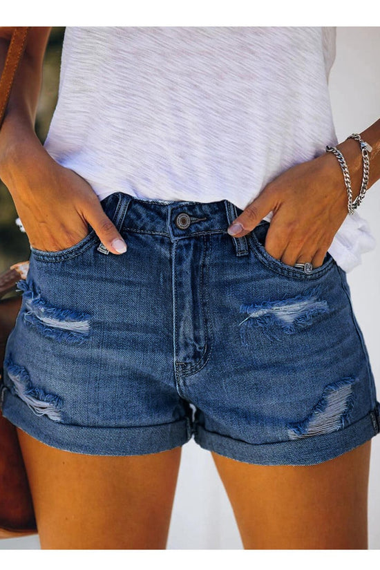 Shorts Vaqueros Elásticos de Cintura Media con Rasgaduras