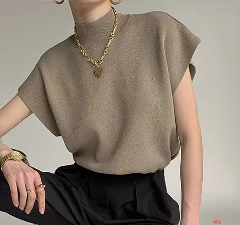 Blusa de punto con cuello alto, lisa, de manga corta