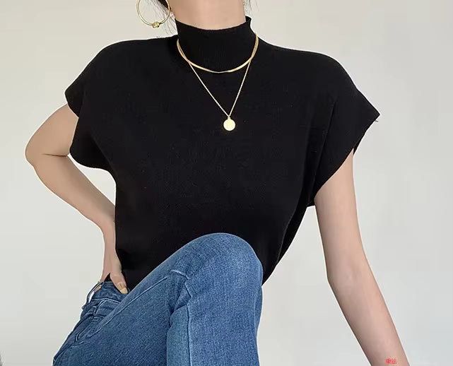 Blusa de punto con cuello alto, lisa, de manga corta