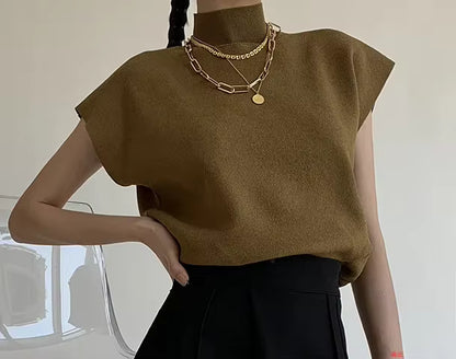Blusa de punto con cuello alto, lisa, de manga corta