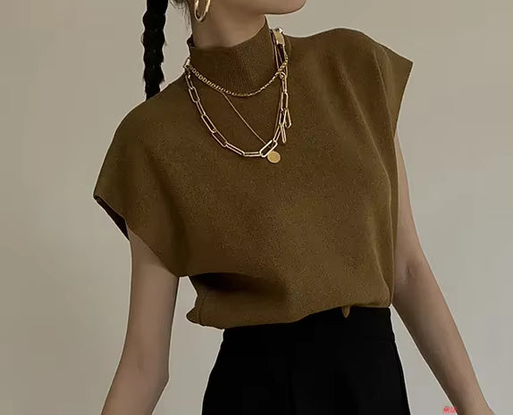 Blusa de punto con cuello alto, lisa, de manga corta