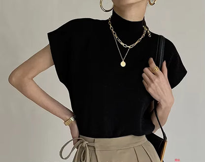 Blusa de punto con cuello alto, lisa, de manga corta