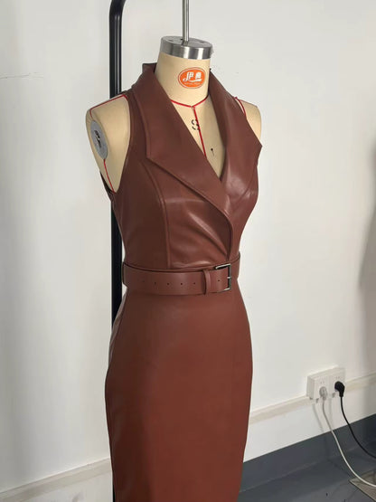 Vestidos de Cuero PU para mujer, con temperamento, color liso, con cinturón