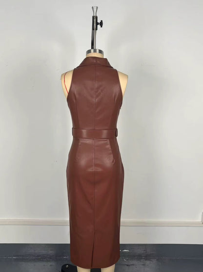 Vestidos de Cuero PU para mujer, con temperamento, color liso, con cinturón