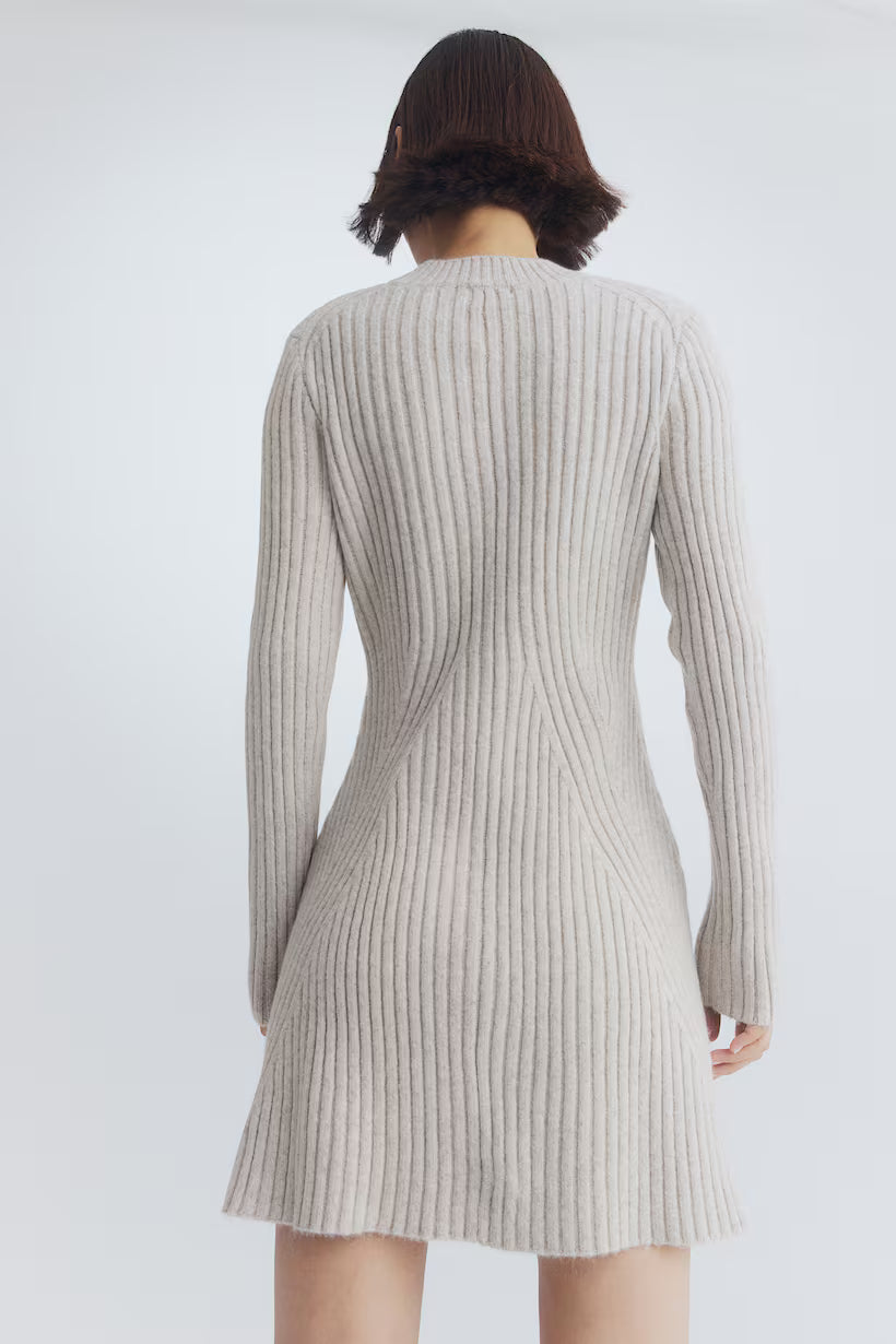 Vestido de Punto Acanalado Sólido de Moda, Cuello Alto