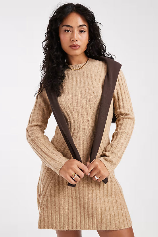 Vestido de Punto Acanalado Sólido de Moda, Cuello Alto