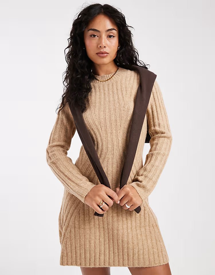 Vestido de Punto Acanalado Sólido de Moda, Cuello Alto