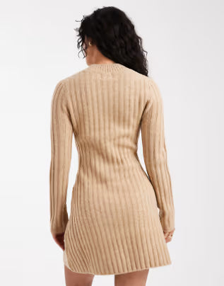 Vestido de Punto Acanalado Sólido de Moda, Cuello Alto