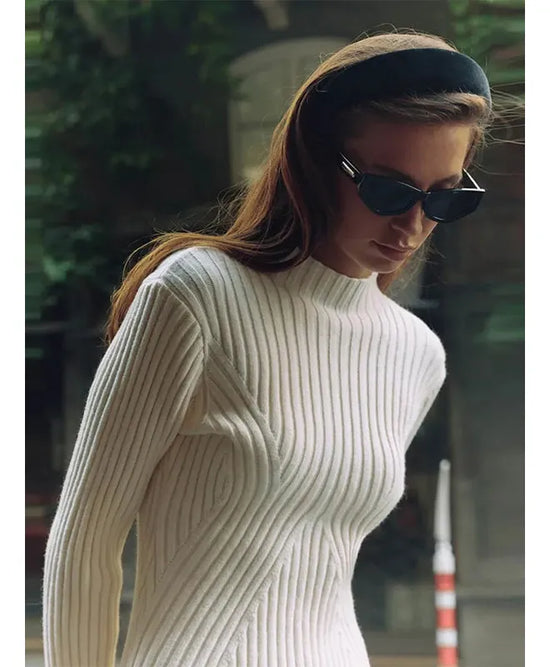 Vestido de Punto Acanalado Sólido de Moda, Cuello Alto