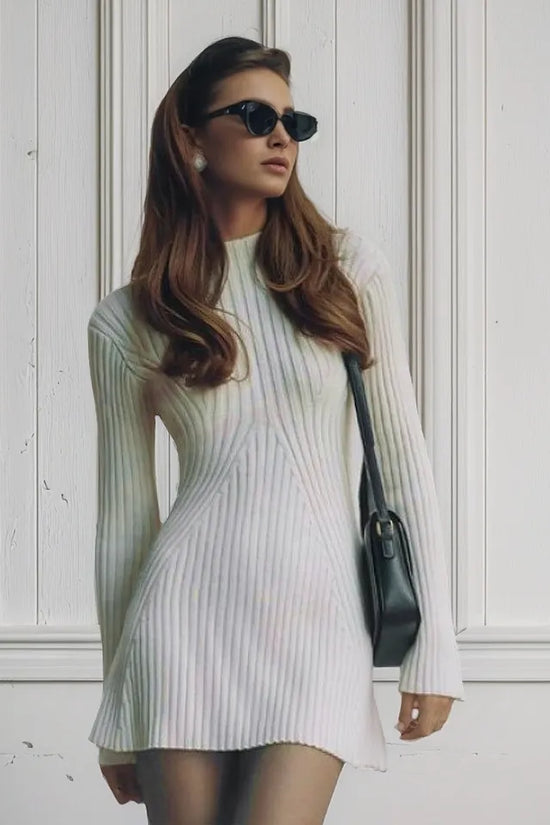 Vestido de Punto Acanalado Sólido de Moda, Cuello Alto