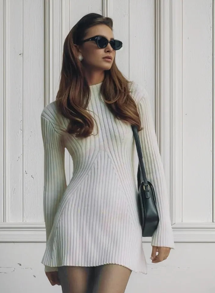 Vestido de Punto Acanalado Sólido de Moda, Cuello Alto