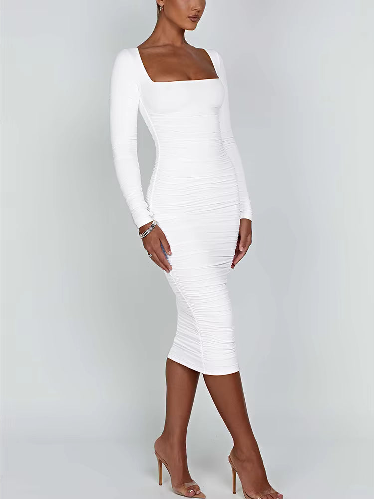 Vestido ajustado sexy, cuello cuadrado, manga larga, vestidos de noche para mujer