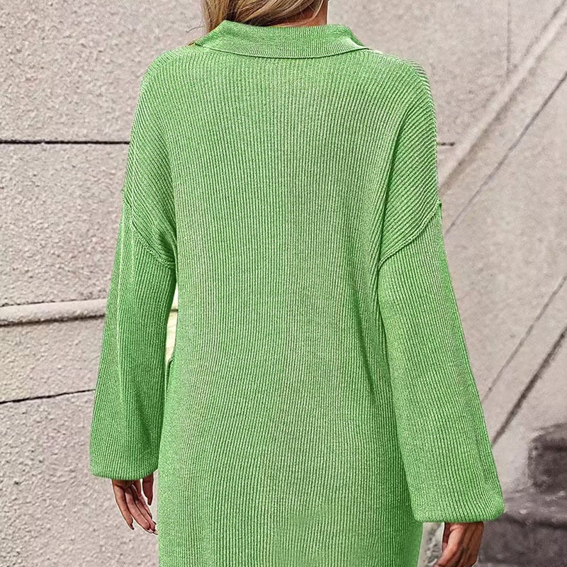Vestido de Punto con Cuello Polo y Botones en Color Sólido