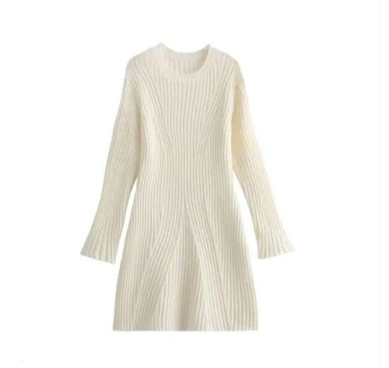 Vestido de Punto Acanalado Sólido de Moda, Cuello Alto