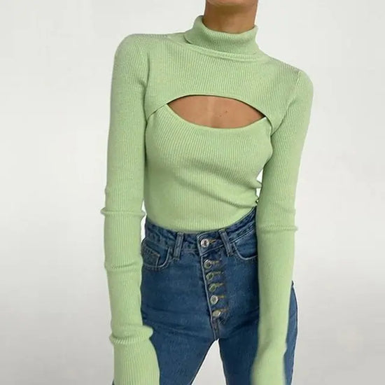 Suéter Mujer Estilo Y2K - Moda Coreana en poliéster verde con cuello alto y abertura frontal, ideal para otoño y estilo elegante casual.